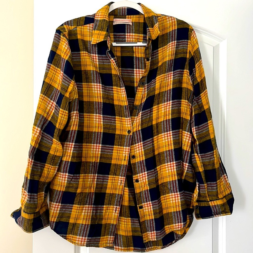 Urban Outfitters yellow and blue plaid button down shirt